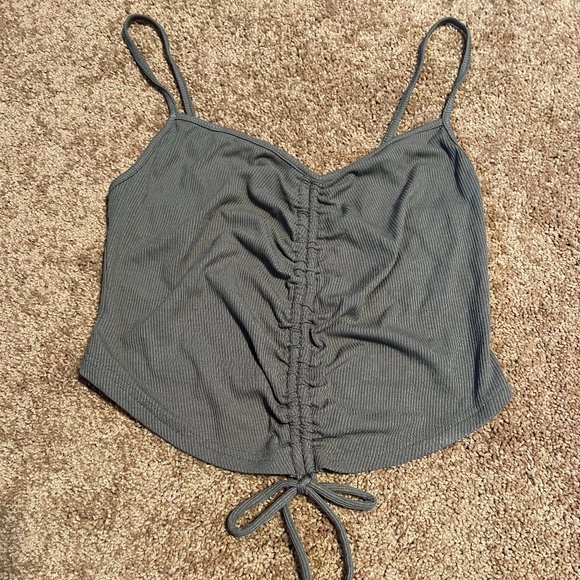 Dark Olive Green Ruched Crop Top - Picture 1 of 5